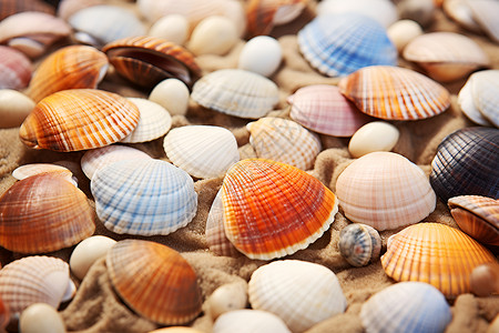 热带环境沙滩上的一堆贝壳背景