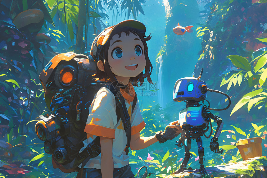 女孩和机器人在树林里冒险图片