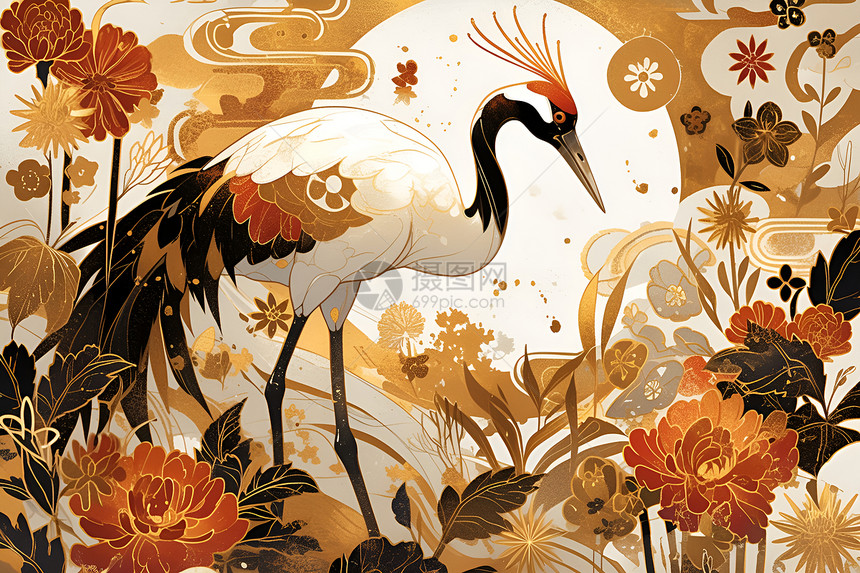 红冠鹤在花丛里图片