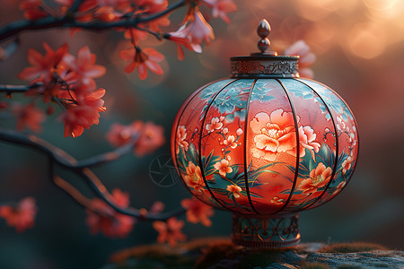 中式镂空花纹红灯笼上的牡丹花背景