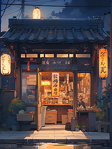 日本房子夜幕中的日本餐厅插画