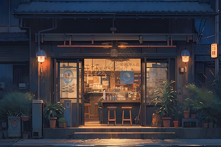 日式餐厅装饰画夜晚的日式餐厅插画
