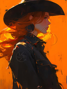 黑暗中的阳光夕阳下戴着黑帽的女郎插画