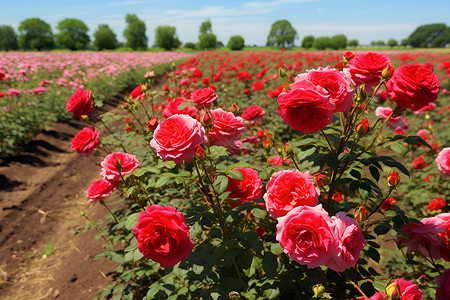 园艺绿色花洒花田中的红玫瑰背景