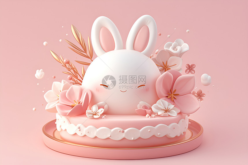 兔子蛋糕与花的装饰图片