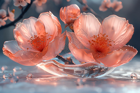 高清透明水珠水珠点缀下的玻璃花朵插画