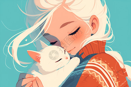 女孩面部甜美女孩拥抱着猫咪插画
