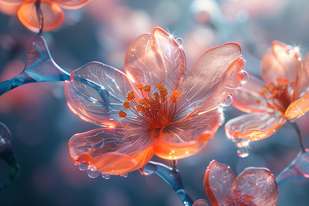 玻璃质感水背景水滴滴在花瓣上插画