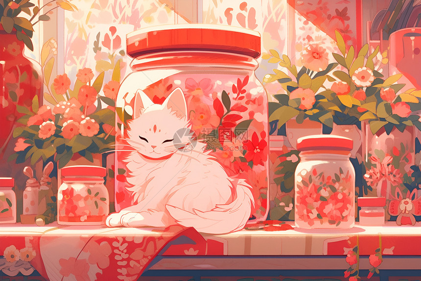 红色艺术桌上的猫与花瓶图片