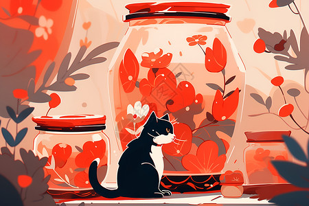 神态活泼的猫与红瓶插画