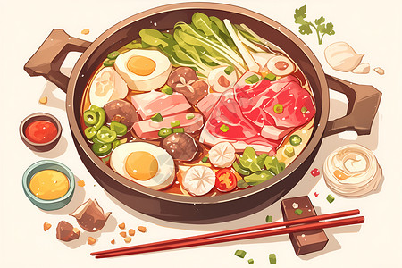 火锅食材酥肉健康的美食火锅插画