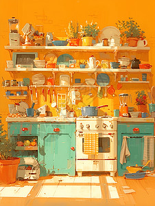 凌乱的厨房灶台背景图片