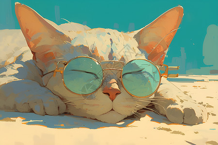 墨镜猫咪躺在沙滩上背景图片