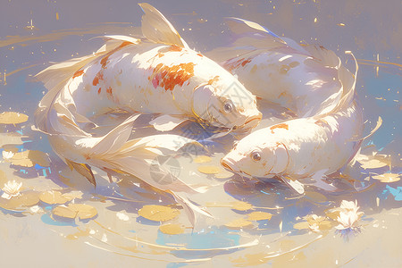 白色涟漪素材阳光下的白色鲤鱼插画