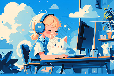 抱着电脑抱着猫咪打字的女孩插画
