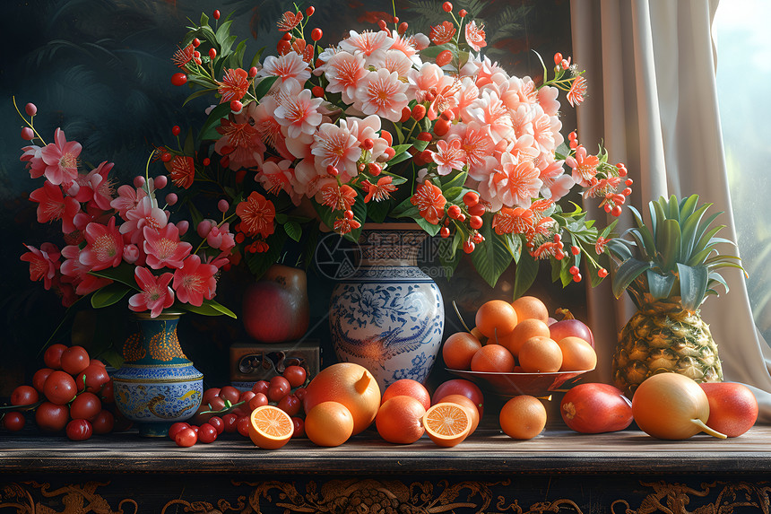桌子上的花束和水果图片