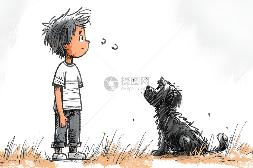 草地上引导小狗的男孩图片