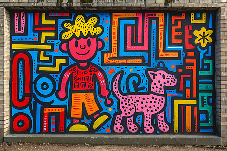 缤纷涂鸦城市色彩缤纷的遛狗壁画背景