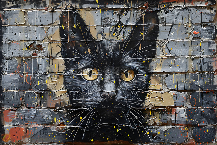 满墙涂鸦的黑猫图片