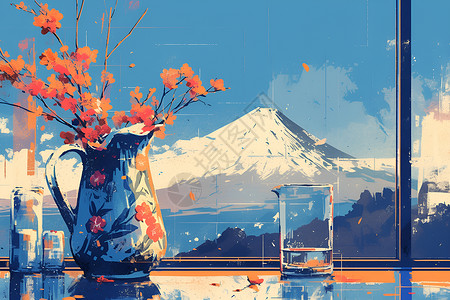 蓝色艺术花瓶花瓶里的花插画