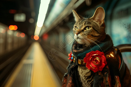 地铁的猫咪背景图片