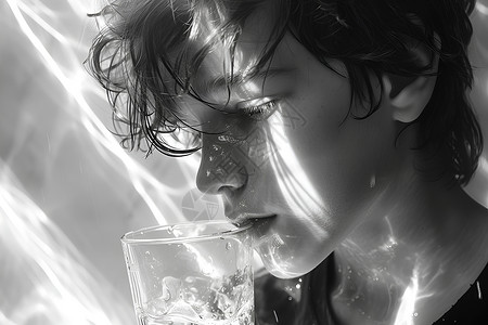 男子喝水男子脸上的一束光设计图片