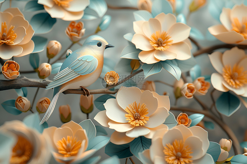 小鸟在花朵上图片