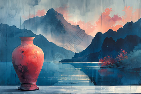 湖边山峦间的红瓶插画