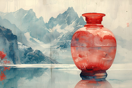 湖畔红瓶插画