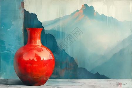 红瓶花瓶前的山水画插画