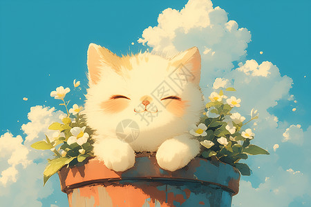 莲花盆白色的小猫插画