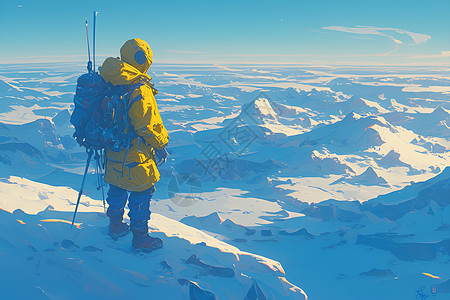 雪山探险阳光下的冰雪悬崖插画