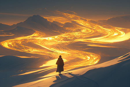 冰原极地雪原上金灿灿的河流插画