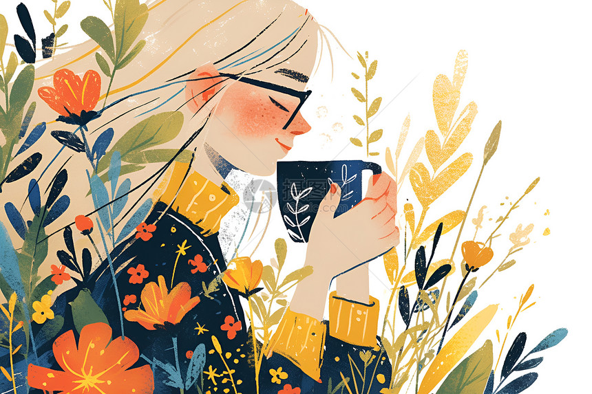 花丛里喝茶的女孩图片
