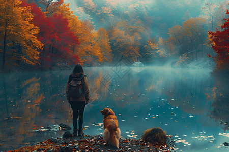 遛狗女人湖边散步的女子背景