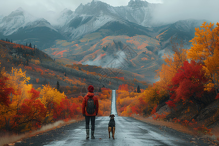 散步湖公路上的人和狗背景