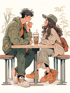 男女喝咖啡聊天男女一起喝咖啡插画
