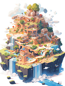 方块世界的瀑布小岛背景图片