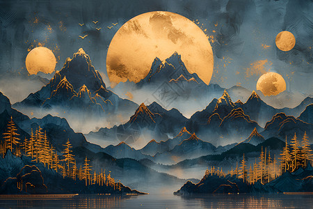 金色月亮远山深湖月色如镜插画