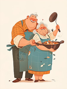 夫妻共同债务共同探索烹饪的老年夫妻插画