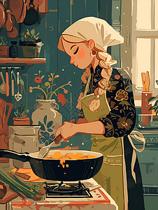 厨房燃气灶女孩在厨房中烹饪插画