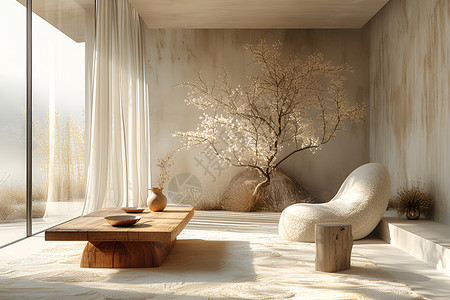 米色沙发自然与现实室内生活景观插画