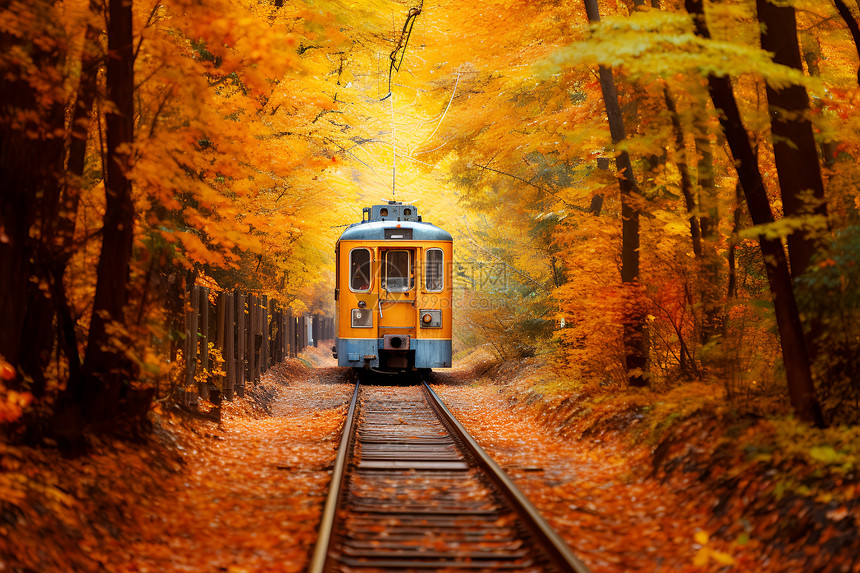 火车穿越红叶满地的森林图片