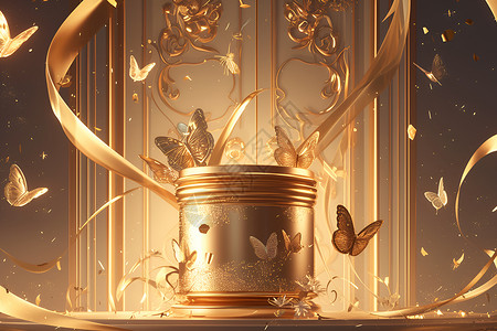 金色花瓶上的蝴蝶插画