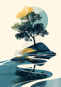 湖中孤岛的小树苗插画