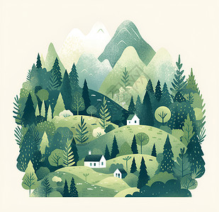 山中青松绿林白屋背景图片