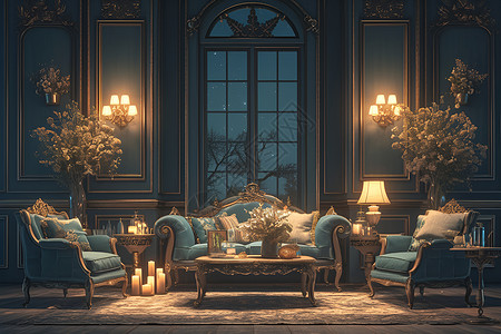 客厅古典沙发风华明灯与复古座椅插画