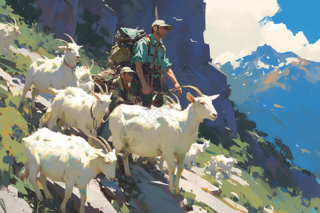 蝎羊羊群登山插画