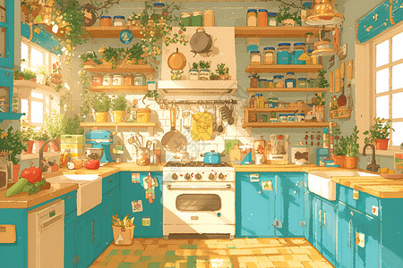 厨房台面上的置物架背景图片