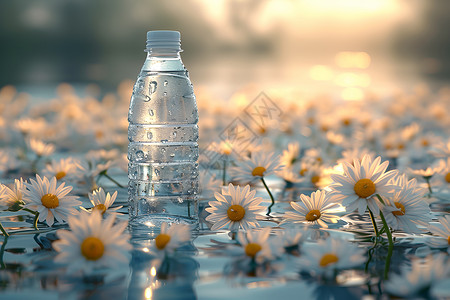 阳光洒在水面和瓶子上背景图片